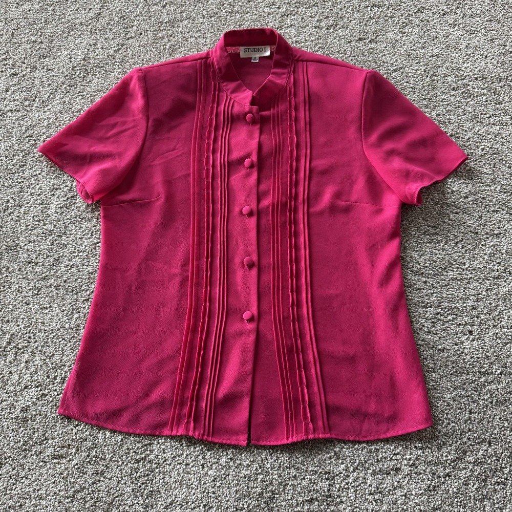 Studio I Blouse Womens 10 Pink Pleated Button Front Short Sleeve Mandarin Top